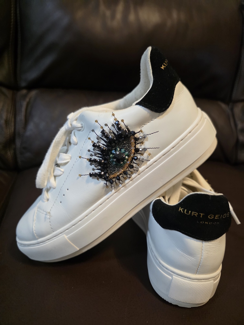 Kurt Geiger White Leather Sneaker with Black Heel and Jeweled Sunburst